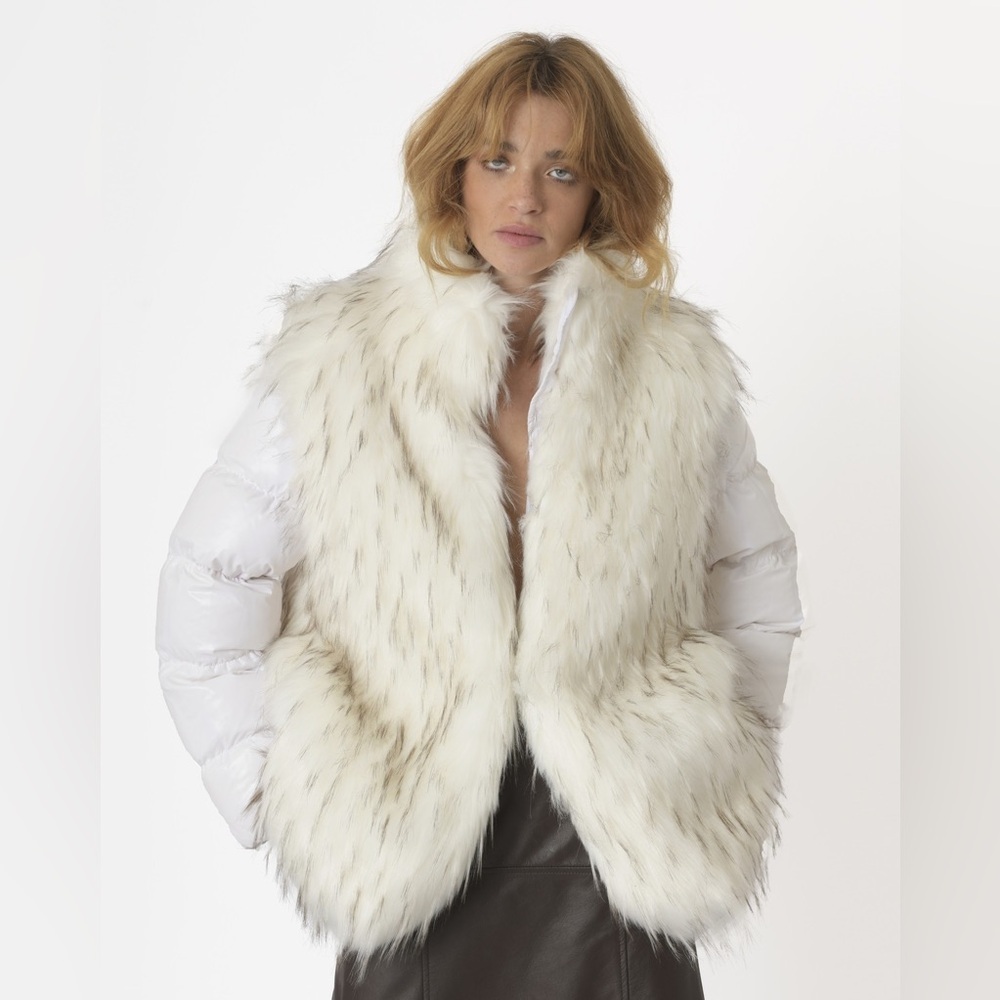 SPACE SIMONA CORSELLINI FAUX FUR DOWN JACKET DETACHABLE SLEEVES WHITE SIZE XS/40